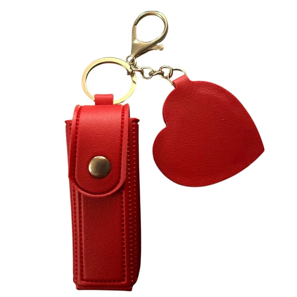 Red Heart Mirror Lip Gloss Balm Lipstick Holder Keychain Bottle Tote Bag Charm - Picture 2 of 5